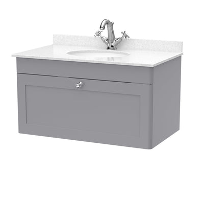 Classique 800mm Wall Hung Vanity Unit With 1 Drawer With White Marble Worktop With Round Basin - Satin Grey