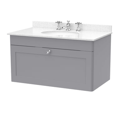 Classique 800mm Wall Hung Vanity Unit With 1 Drawer With White Marble Worktop With Round Basin - Satin Grey