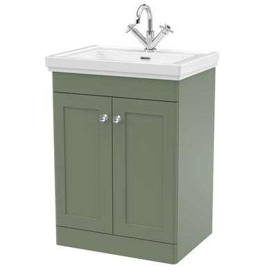 Classique 600mm Floor Standing Vanity Unit With 2 Doors With Fireclay Basin - Satin Green