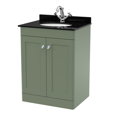 Classique 600mm Floor Standing Vanity Unit With 2 Doors With Black Marble Worktop With Round Basin - Satin Green