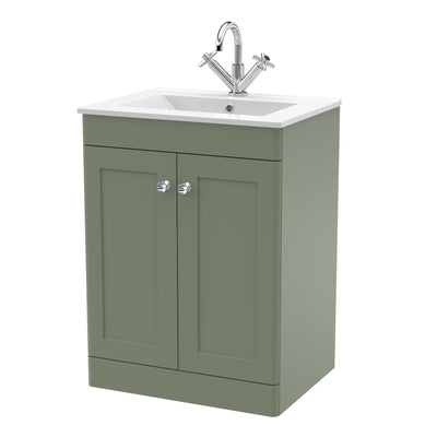 Classique 600mm Floor Standing Vanity Unit With 2 Doors With Minimalist Ceramic Basin - Satin Green