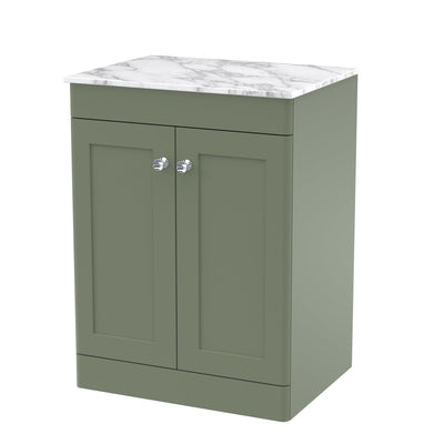 Classique 600mm Floor Standing Vanity Unit With 2 Doors With Carrera Marble Worktop - Satin Green