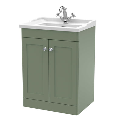 Classique 600mm Floor Standing Vanity Unit With 2 Doors With Traditional Basin - Satin Green