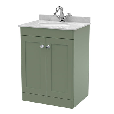 Classique 600mm Floor Standing Vanity Unit With 2 Doors With Grey Marble Worktop With Round Basin - Satin Green