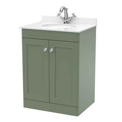 Classique 600mm Floor Standing Vanity Unit With 2 Doors With White Marble Worktop With Round Basin - Satin Green