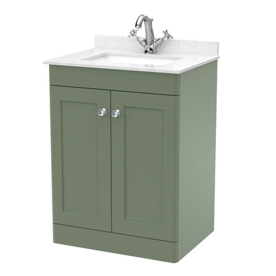 Classique 600mm Floor Standing Vanity Unit With 2 Doors With White Marble Worktop With Square Basin - Satin Green