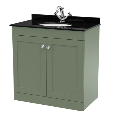 Classique 800mm Floor Standing Vanity Unit With 2 Doors With Black Marble Worktop With Round Basin - Satin Green