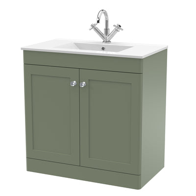 Classique 800mm Floor Standing Vanity Unit With 2 Doors With Minimalist Ceramic Basin - Satin Green