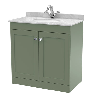 Classique 800mm Floor Standing Vanity Unit With 2 Doors With Grey Marble Worktop With Round Basin - Satin Green