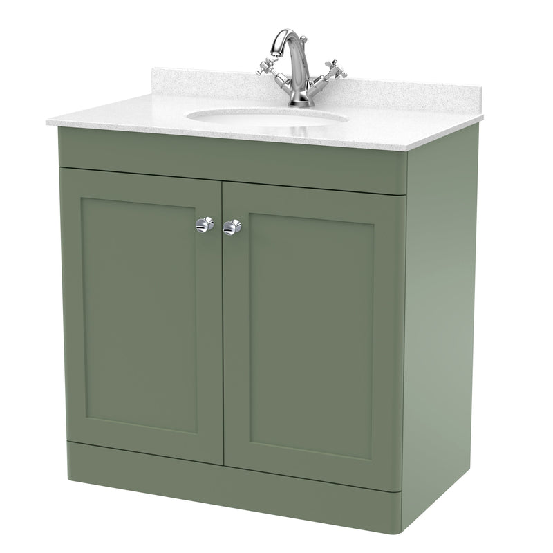 Classique 800mm Floor Standing Vanity Unit With 2 Doors With White Marble Worktop With Round Basin - Satin Green