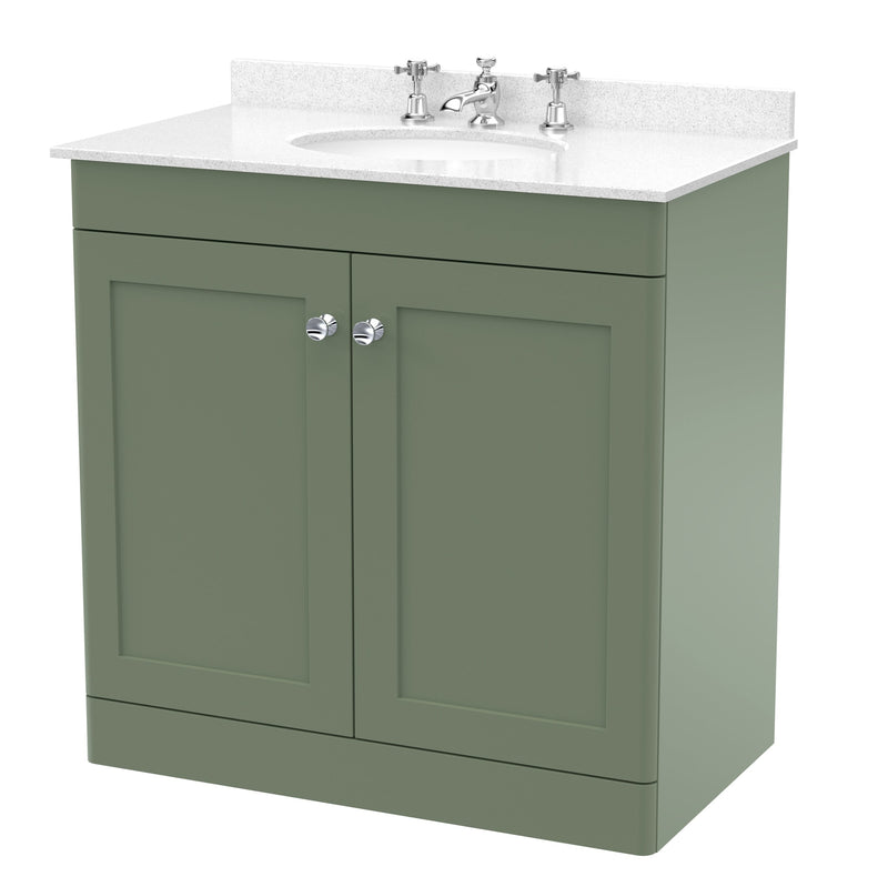 Classique 800mm Floor Standing Vanity Unit With 2 Doors With White Marble Worktop With Round Basin - Satin Green