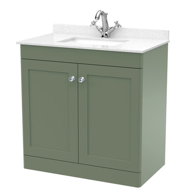 Classique 800mm Floor Standing Vanity Unit With 2 Doors With White Marble Worktop With Square Basin - Satin Green