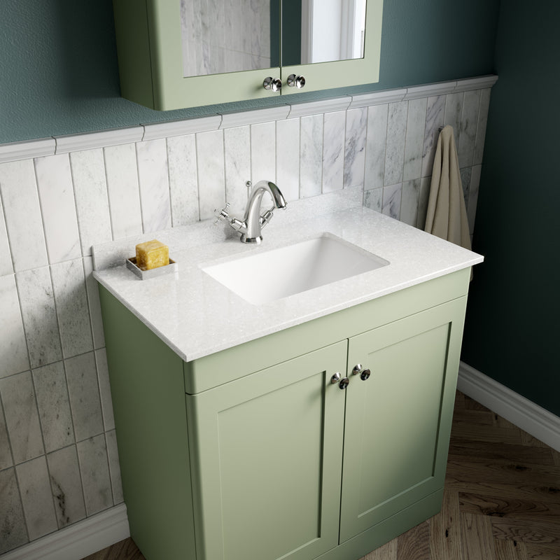 Classique 800mm Floor Standing Vanity Unit With 2 Doors With White Marble Worktop With Round Basin - Satin Green