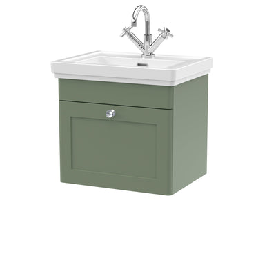 Classique 500mm Wall Hung Vanity Unit With 1 Drawer With Fireclay Basin - Satin Green