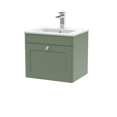 Classique 500mm Wall Hung Vanity Unit With 1 Drawer With Minimalist Ceramic Basin - Satin Green