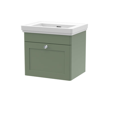 Classique 500mm Wall Hung Vanity Unit With 1 Drawer With Fireclay Basin - Satin Green