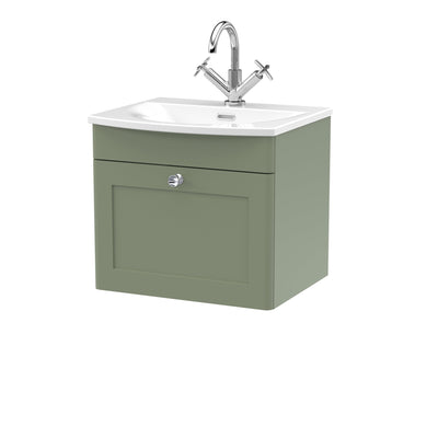 Classique 500mm Wall Hung Vanity Unit With 1 Drawer With Curved Ceramic Basin - Satin Green