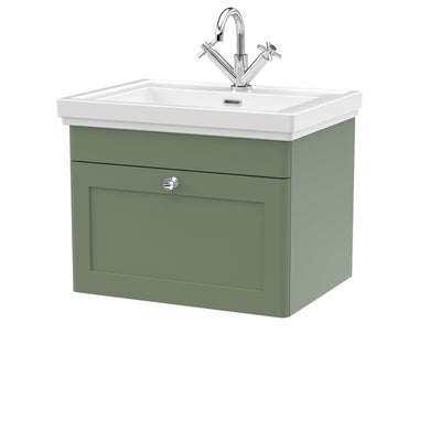 Classique 600mm Wall Hung Vanity Unit With 1 Drawer With Fireclay Basin - Satin Green