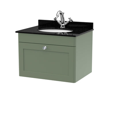 Classique 600mm Wall Hung Vanity Unit With 1 Drawer With Black Marble Worktop With Round Basin - Satin Green