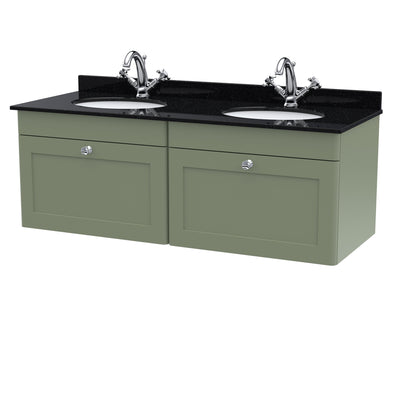 Classique 1200mm Wall Hung Vanity Unit With 2 Drawers With Black Marble Worktop With 2 Round Basins - Satin Green