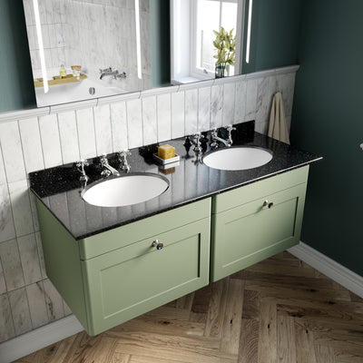 Classique 1200mm Wall Hung Vanity Unit With 2 Drawers With Grey Marble Worktop With 2 Round Basins - Satin Green