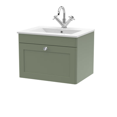 Classique 600mm Wall Hung Vanity Unit With 1 Drawer With Minimalist Ceramic Basin - Satin Green