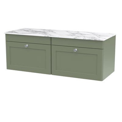 Classique 1200mm Wall Hung Vanity Unit With 2 Drawers With Carrera Marble Worktop - Satin Green