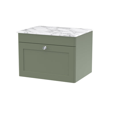 Classique 600mm Wall Hung Vanity Unit With 1 Drawer With Carrera Marble Worktop - Satin Green