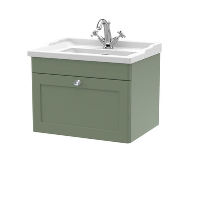 Classique 600mm Wall Hung Vanity Unit With 1 Drawer With Traditional Basin - Satin Green