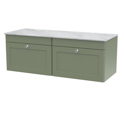 Classique 1200mm Wall Hung Vanity Unit With 2 Drawers With Grey Marble Worktop - Satin Green