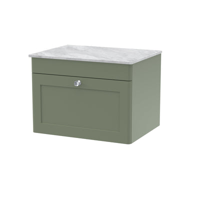 Classique 600mm Wall Hung Vanity Unit With 1 Drawer With Grey Marble Worktop - Satin Green