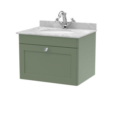 Classique 600mm Wall Hung Vanity Unit With 1 Drawer With Grey Marble Worktop With Round Basin - Satin Green