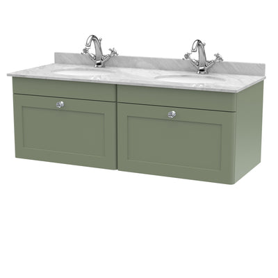 Classique 1200mm Wall Hung Vanity Unit With 2 Drawers With Grey Marble Worktop With 2 Round Basins - Satin Green