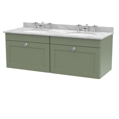 Classique 1200mm Wall Hung Vanity Unit With 2 Drawers With Grey Marble Worktop With 2 Round Basins - Satin Green