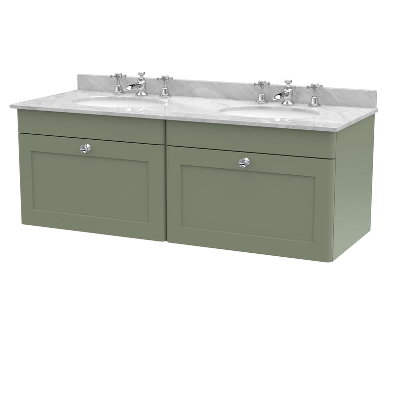 Classique 1200mm Wall Hung Vanity Unit With 2 Drawers With Grey Marble Worktop With 2 Round Basins - Satin Green