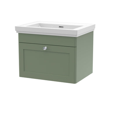 Classique 600mm Wall Hung Vanity Unit With 1 Drawer With Fireclay Basin - Satin Green