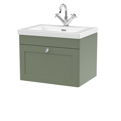 Classique 600mm Wall Hung Vanity Unit With 1 Drawer With Contemporary Basin - Satin Green