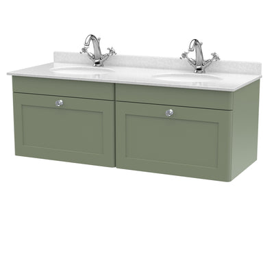 Classique 1200mm Wall Hung Vanity Unit With 2 Drawers With White Marble Worktop With 2 Round Basins - Satin Green