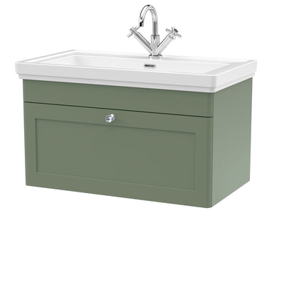 Classique 800mm Wall Hung Vanity Unit With 1 Drawer With Fireclay Basin - Satin Green