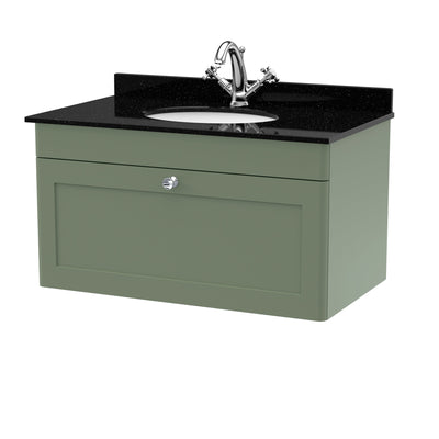 Classique 800mm Wall Hung Vanity Unit With 1 Drawer With Black Marble Worktop With Round Basin - Satin Green