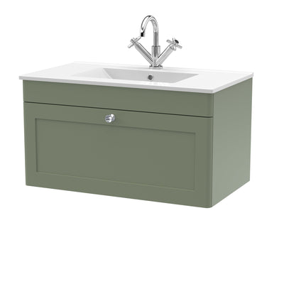 Classique 800mm Wall Hung Vanity Unit With 1 Drawer With Minimalist Ceramic Basin - Satin Green