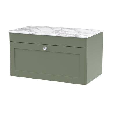 Classique 800mm Wall Hung Vanity Unit With 1 Drawer With Carrera Marble Worktop - Satin Green