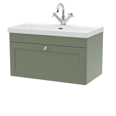 Classique 800mm Wall Hung Vanity Unit With 1 Drawer With Thin Edge Ceramic Basin - Satin Green