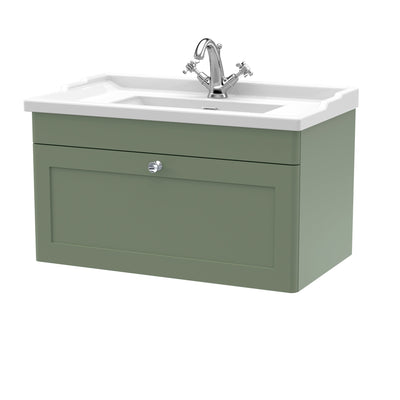 Classique 800mm Wall Hung Vanity Unit With 1 Drawer With Traditional Basin - Satin Green