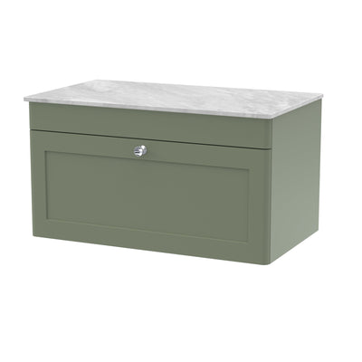 Classique 800mm Wall Hung Vanity Unit With 1 Drawer With Grey Marble Worktop - Satin Green