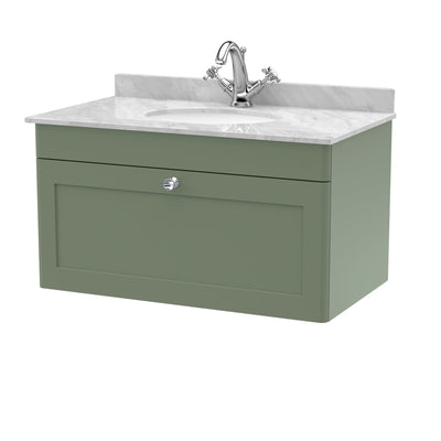 Classique 800mm Wall Hung Vanity Unit With 1 Drawer With Grey Marble Worktop With Round Basin - Satin Green