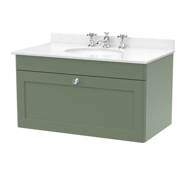 Classique 800mm Wall Hung Vanity Unit With 1 Drawer With White Marble Worktop With Round Basin - Satin Green