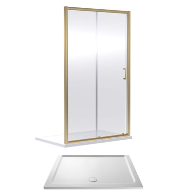 Porto Brushed Brass 6mm Sliding Shower Door With White Stone Resin Tray & Waste - 1400 x 800mm