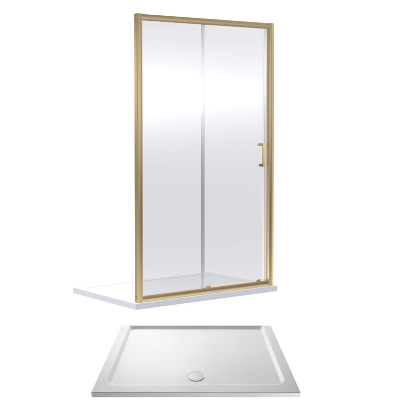 Porto Brushed Brass 6mm Sliding Shower Door With White Stone Resin Tray & Waste - 1400 x 800mm