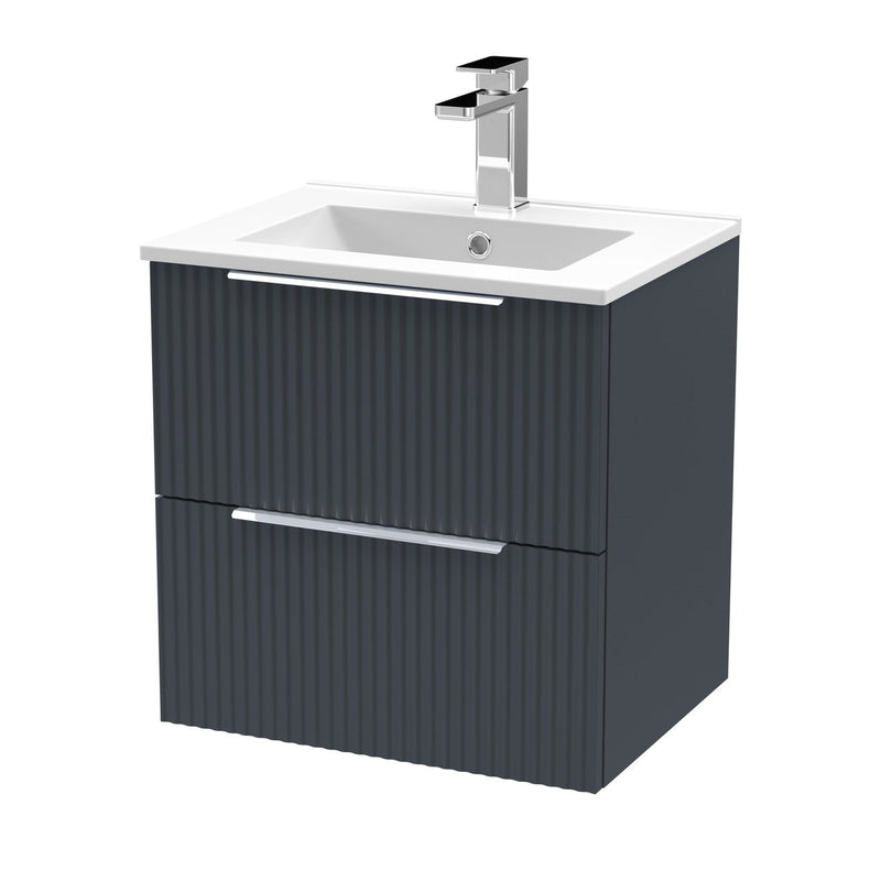 Hudson Reed Fluted Wall Hung 500mm Vanity Unit With 2 Drawers & Minimalist Ceramic Basin - Satin Anthracite